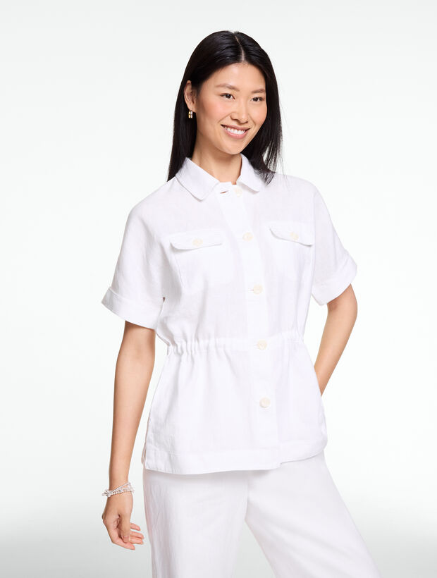 Washed Linen Cinched Shirt Jacket