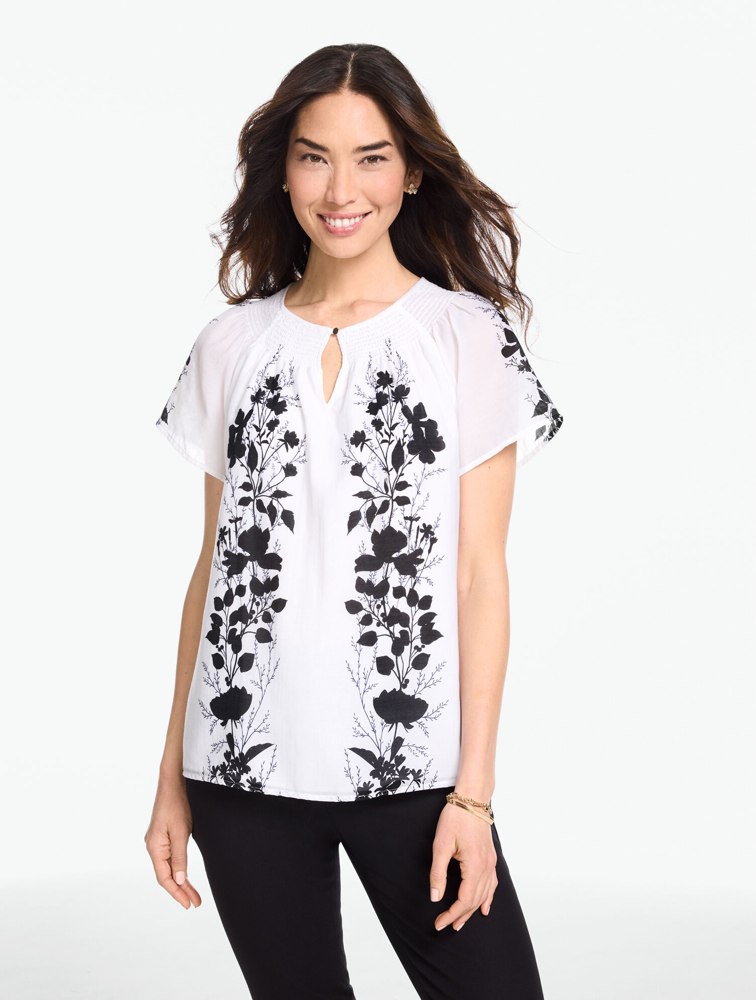 Smocked Short Sleeve Top - Shadow Botanical
