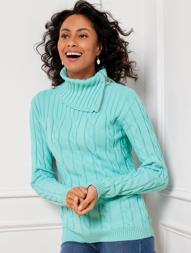 Cable Knit Zip Cowl-Neck Sweater Talbots