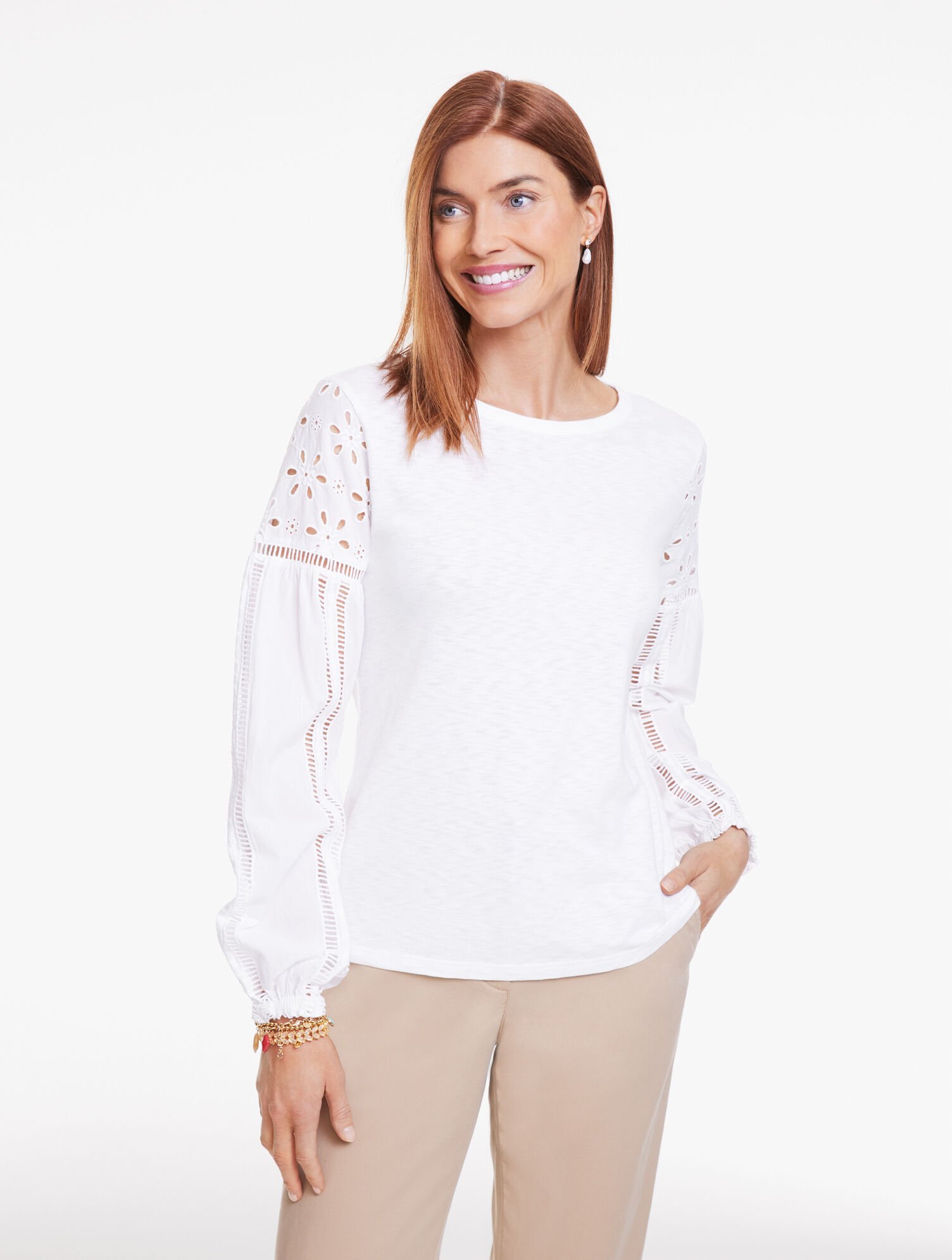 Eyelet Sleeve Mixed Media Top