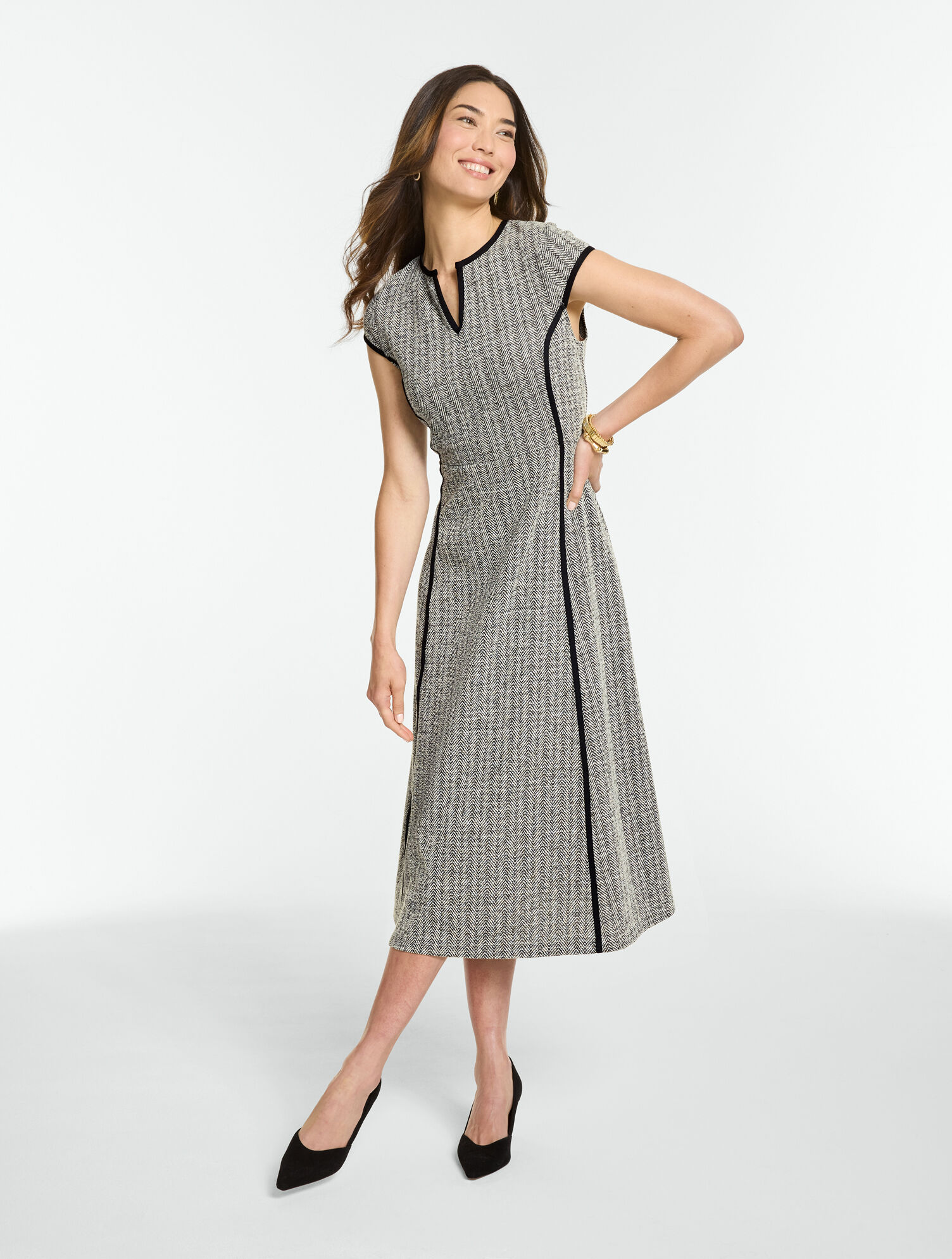Herringbone Fit &amp; Flare Midi Dress - Tipped