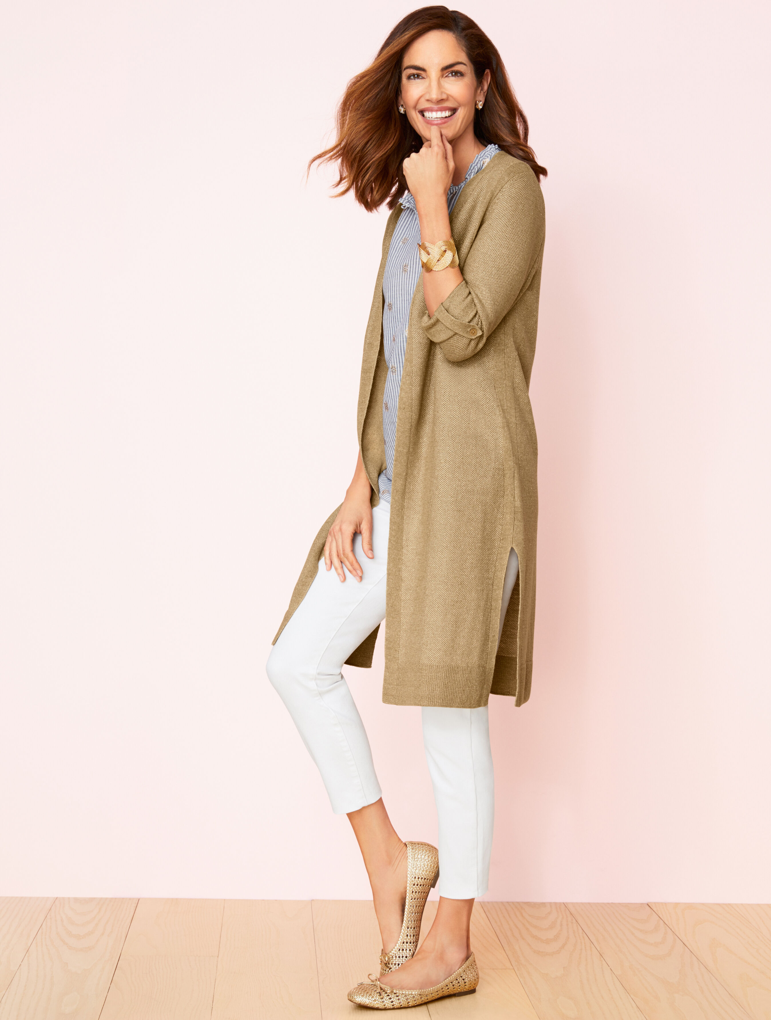 Textured Linen Roll-Tab Long Duster - Metallic