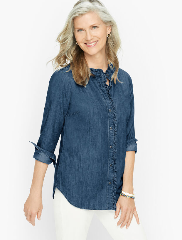 Striated Denim Ruffle Band Collar Top