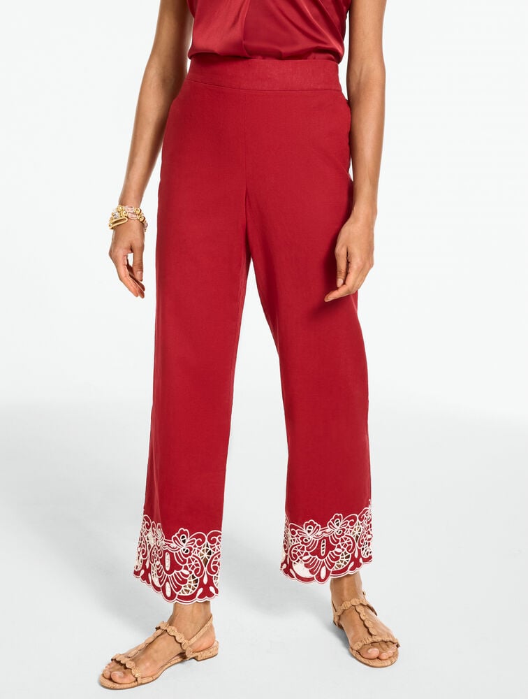 Linen Blend Embroidered Straight Ankle Pull-On Pants