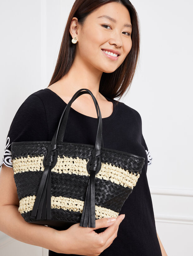 Leather Trim Straw Tote