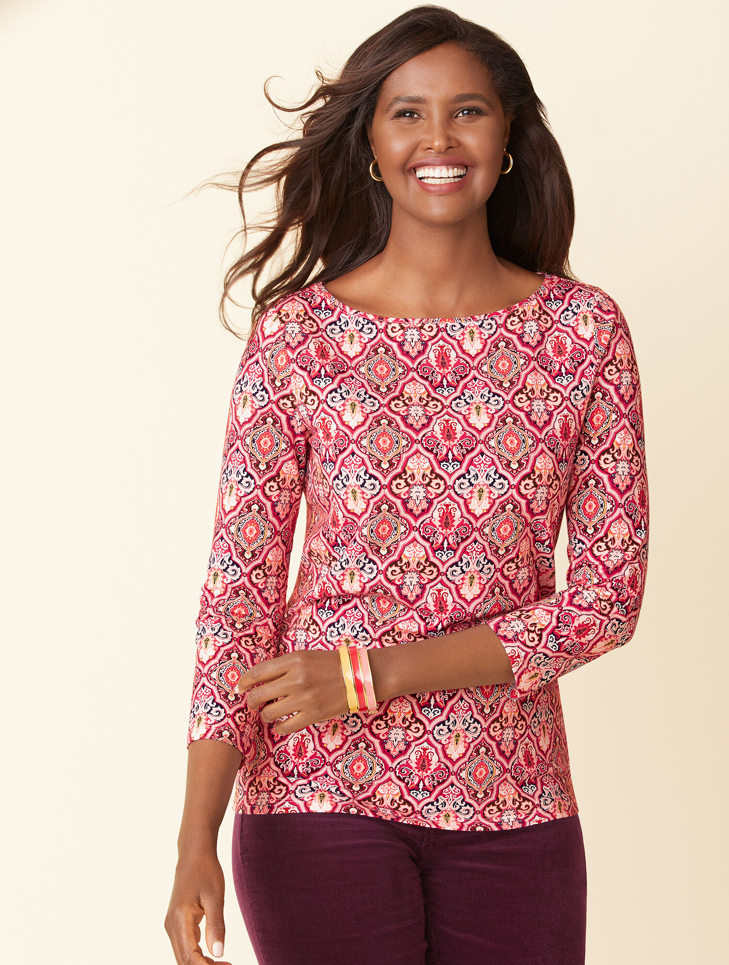 Bateau Neck Cotton Tee - Vintage Medallion
