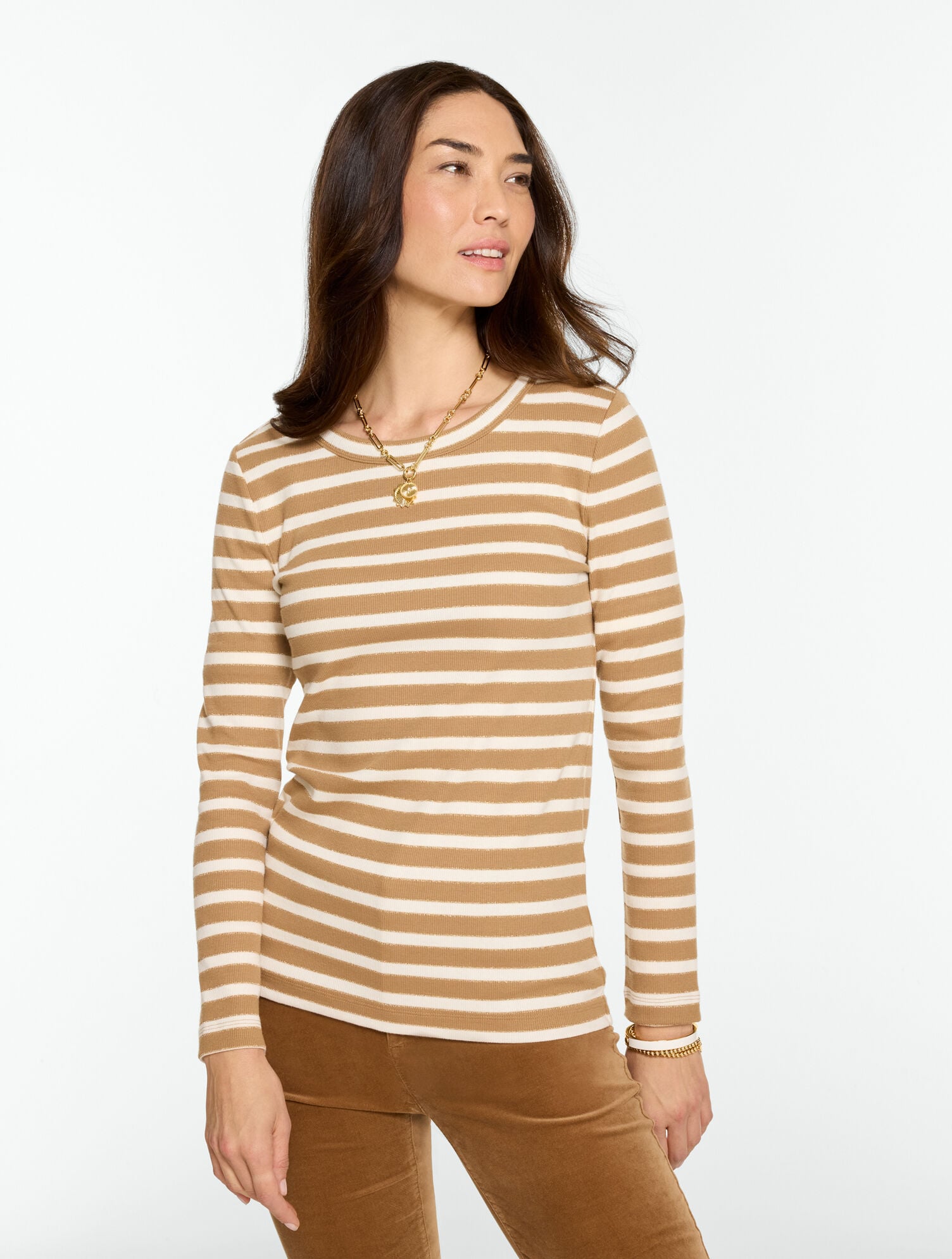 Ribbed Long Sleeve Crewneck Tee  - Shimmering Stripe