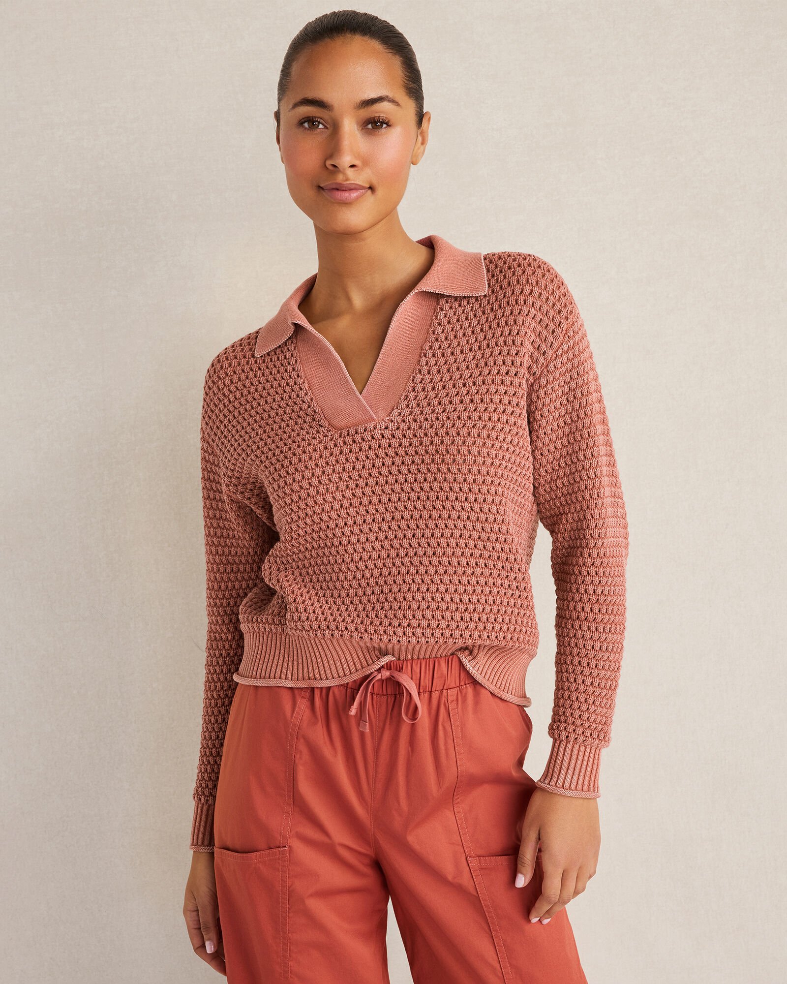 Cotton Wave Stitch Johnny Collar Sweater