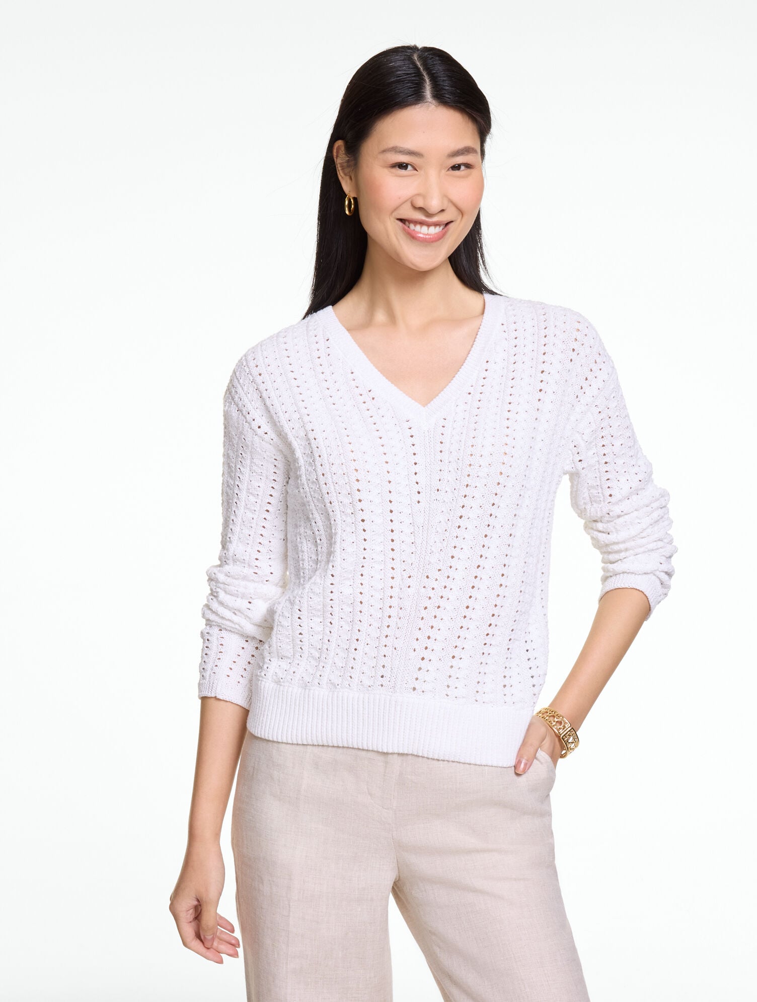 Chevron Pointelle V-Neck Pullover