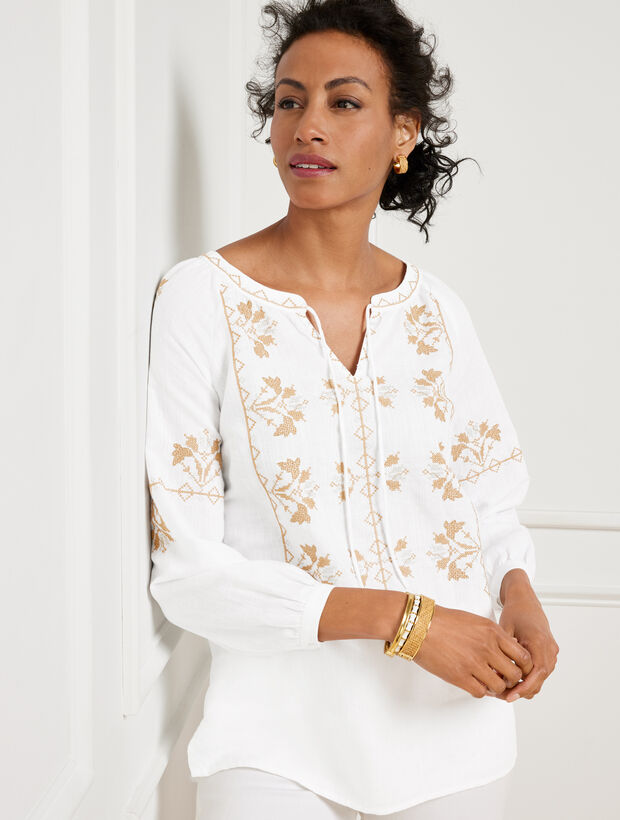 Embroidered Linen Cotton Popover Talbots