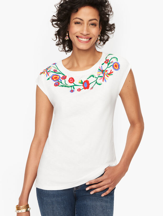 Embroidered Flower &amp; Bird Tee