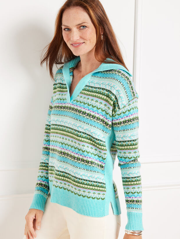 Fair Isle Deep Teal Sweater Johnny Collar Sweater Fireside Fair