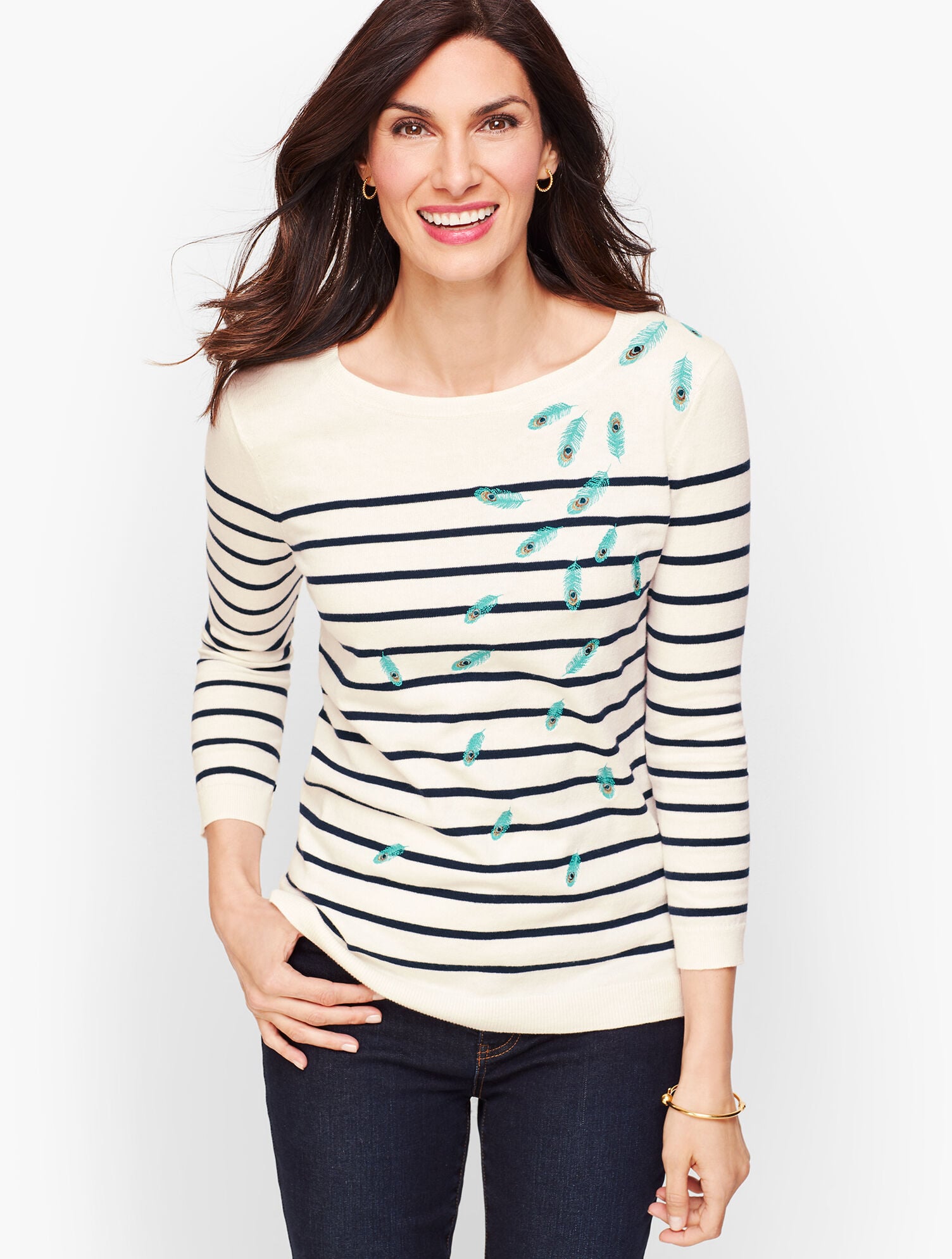 Embroidered Feathers Stripe Sweater