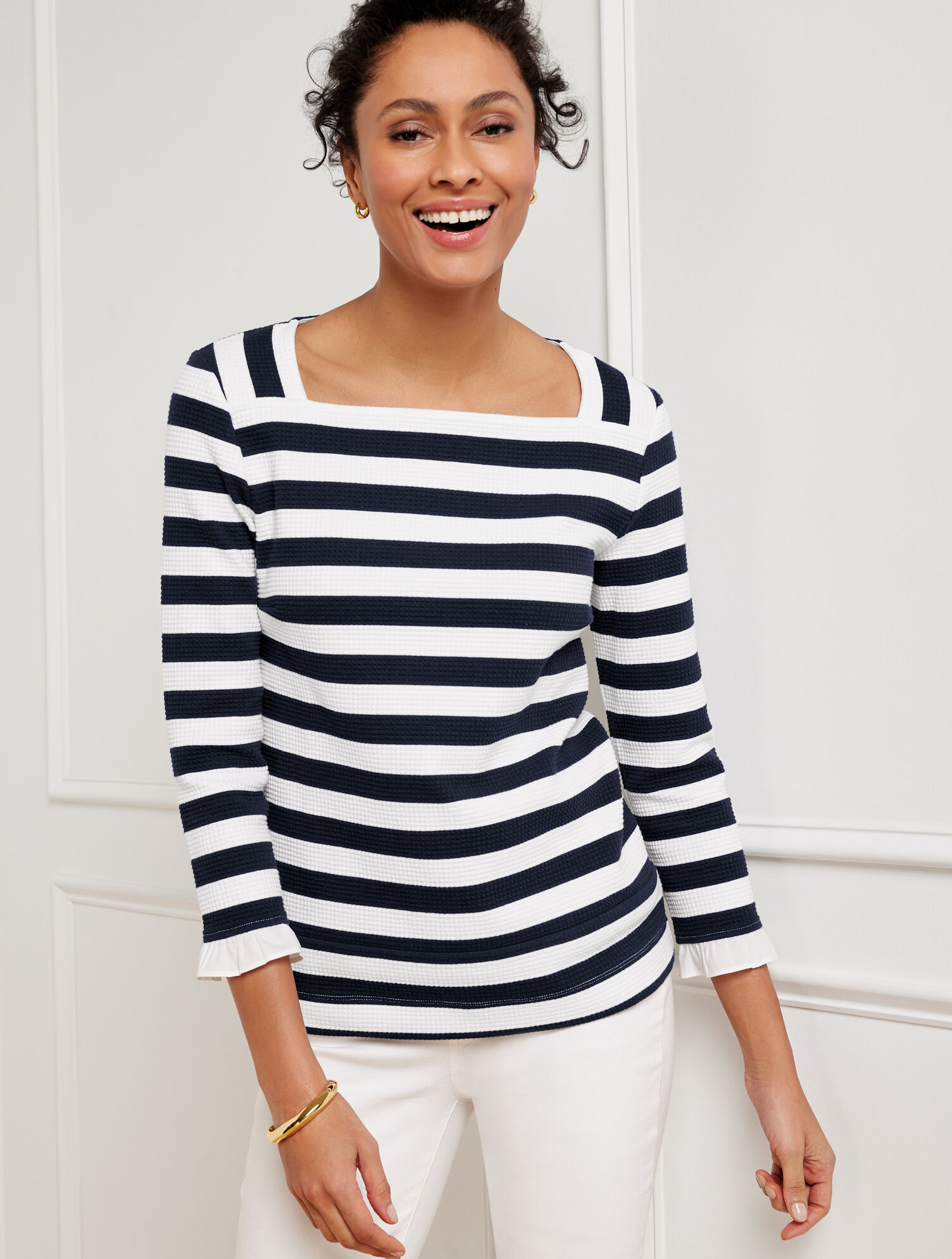 Talbots Blue Ruffled Tees Ruffle Cuff Square Neck Tee - Stripe | Talbots