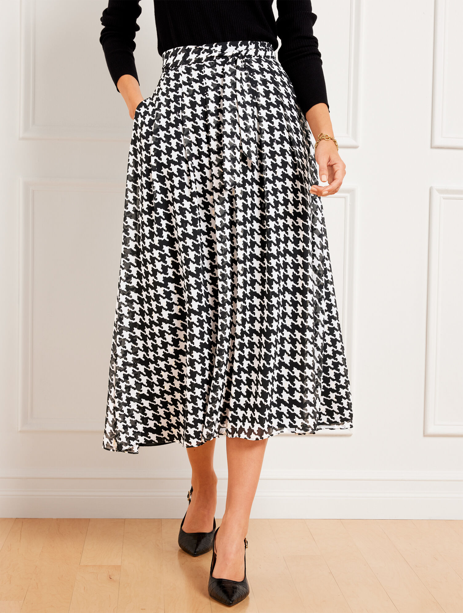 Metallic Tie Waist Fit & Flare Skirt - Houndstooth | Talbots