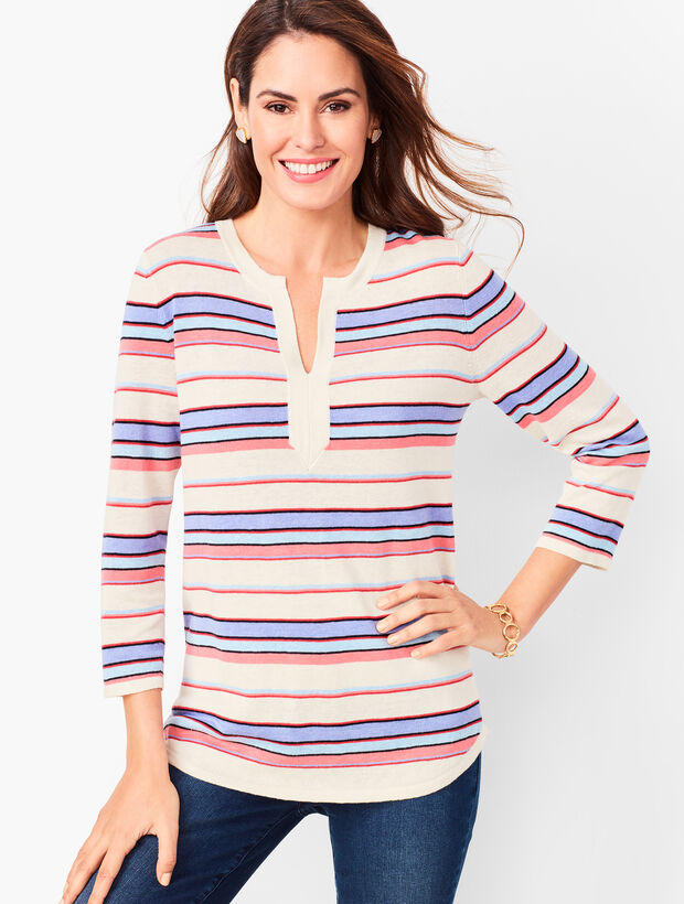 Linen-Blend Split-Neck Sweater - Stripe