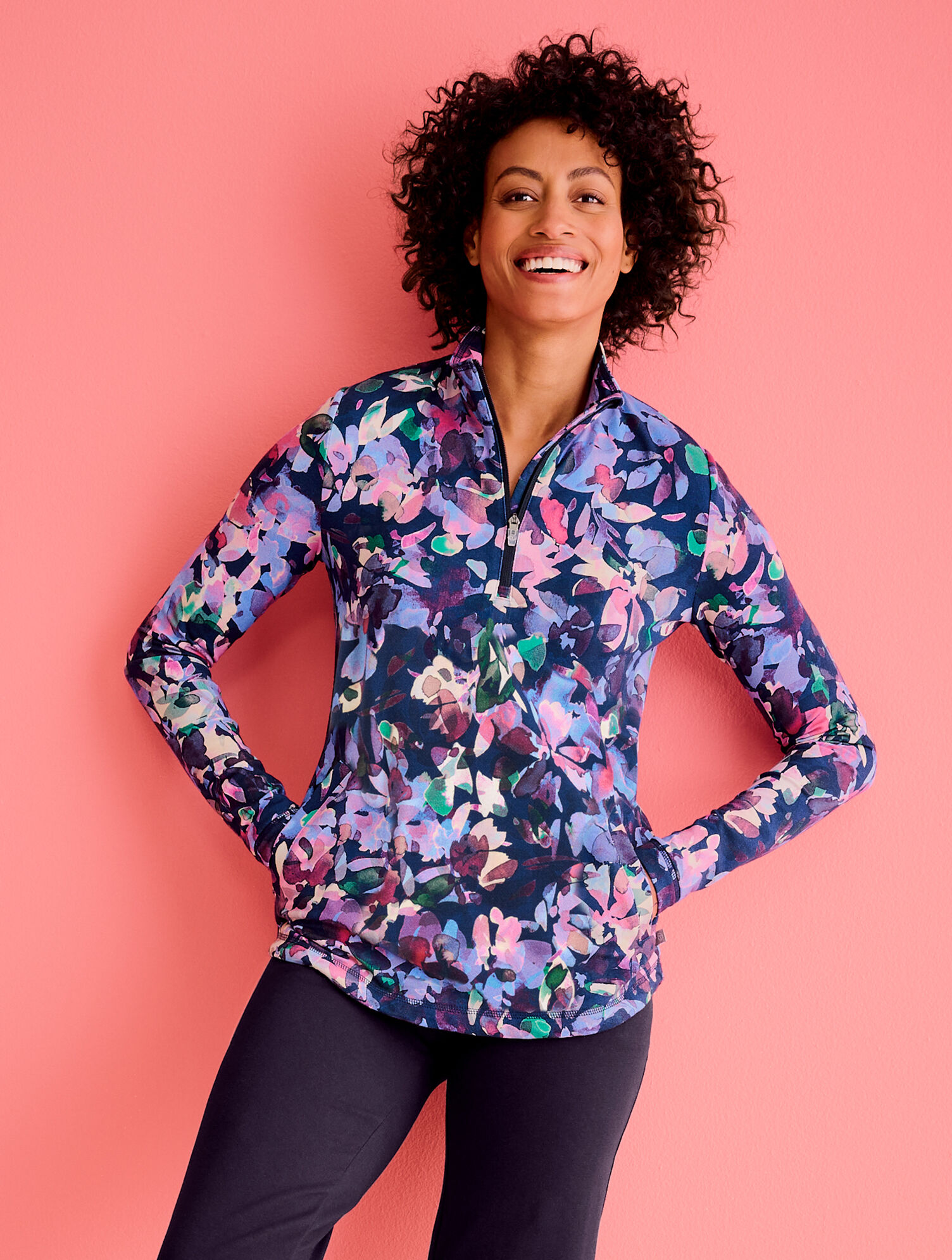 Classic French Terry Half-Zip Pullover - Watercolor Blooms