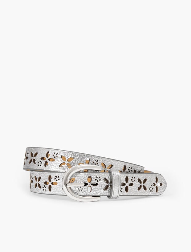 Perforated Floral Leather Belt - Metallic
