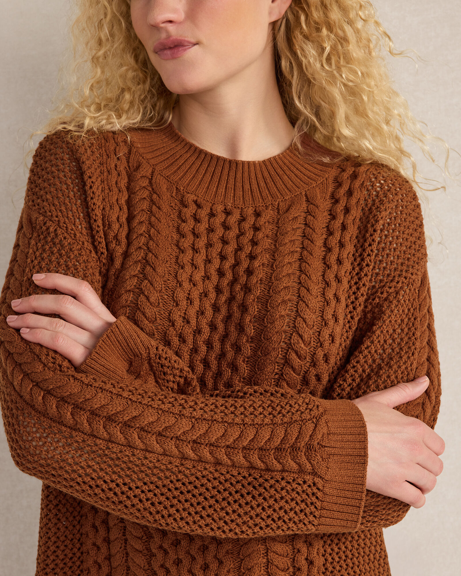 Cotton Blend Mixed Stitch Crewneck Sweater