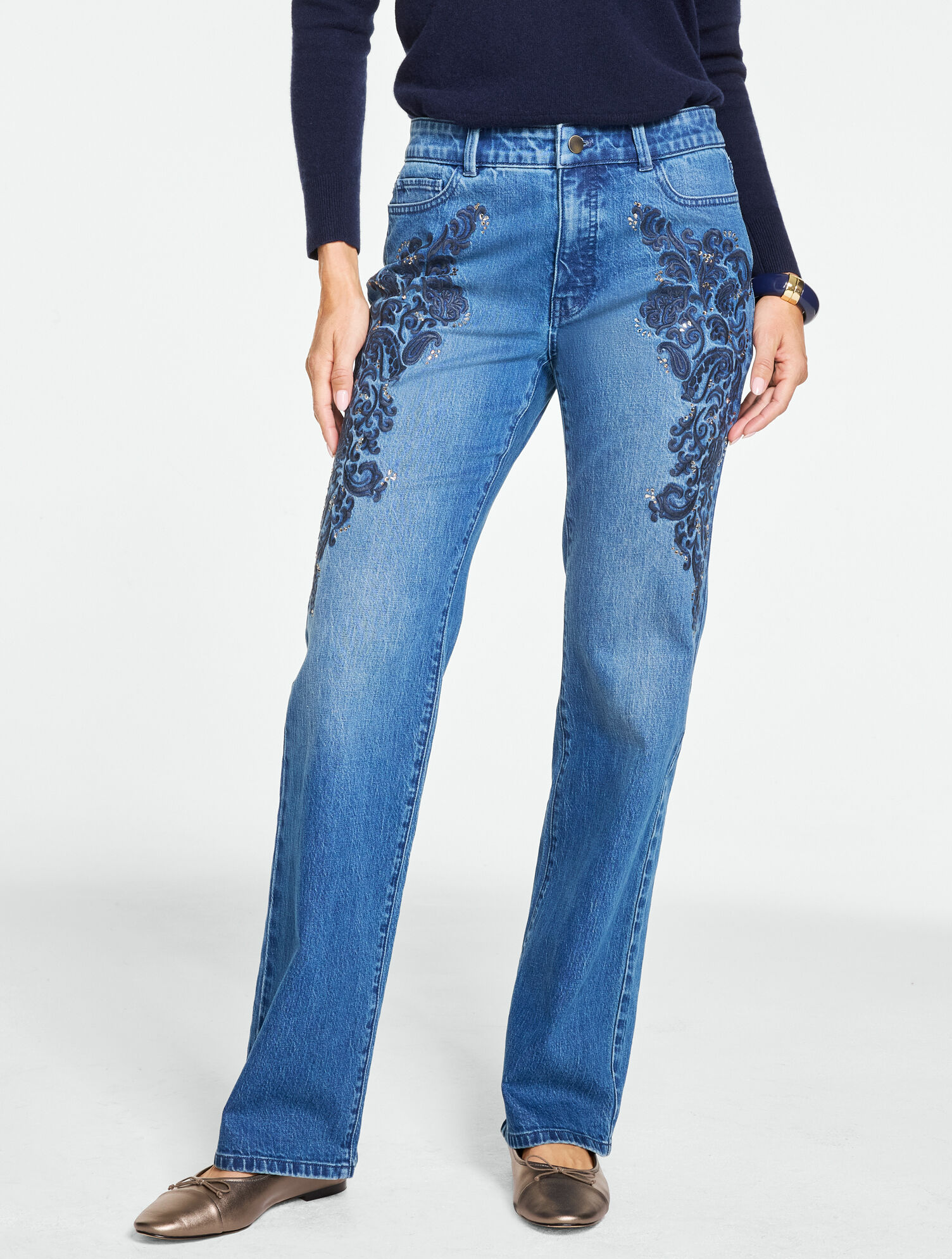 Relaxed Bootcut Rhinestone Embroidered Jeans - Medium Wash