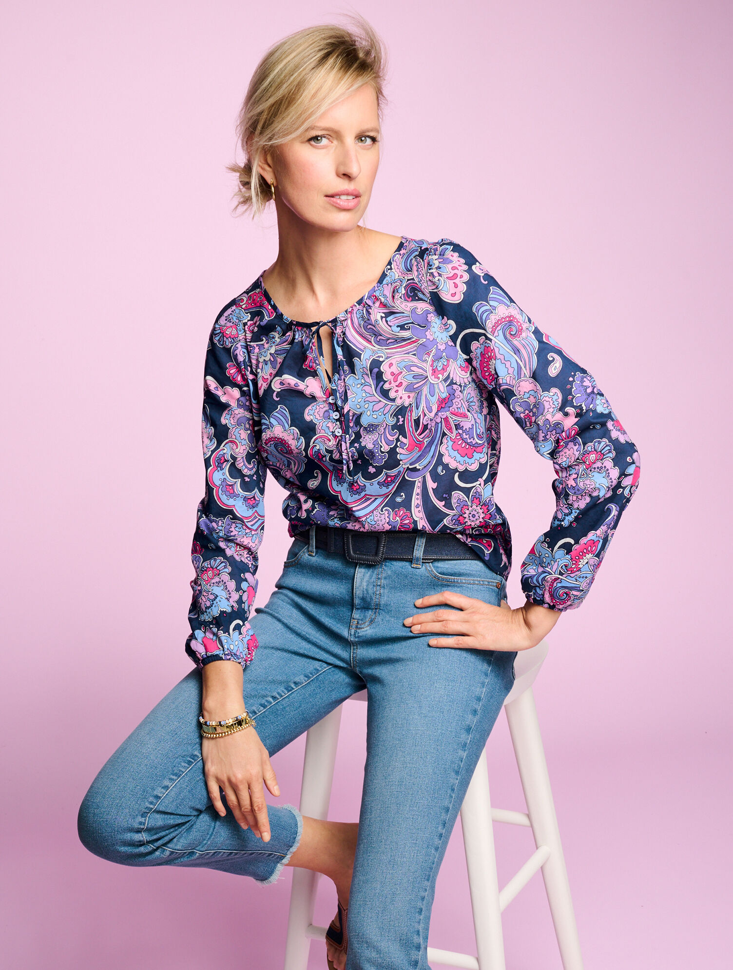 Gathered Tie Neck Top - Swirl Floral | Talbots