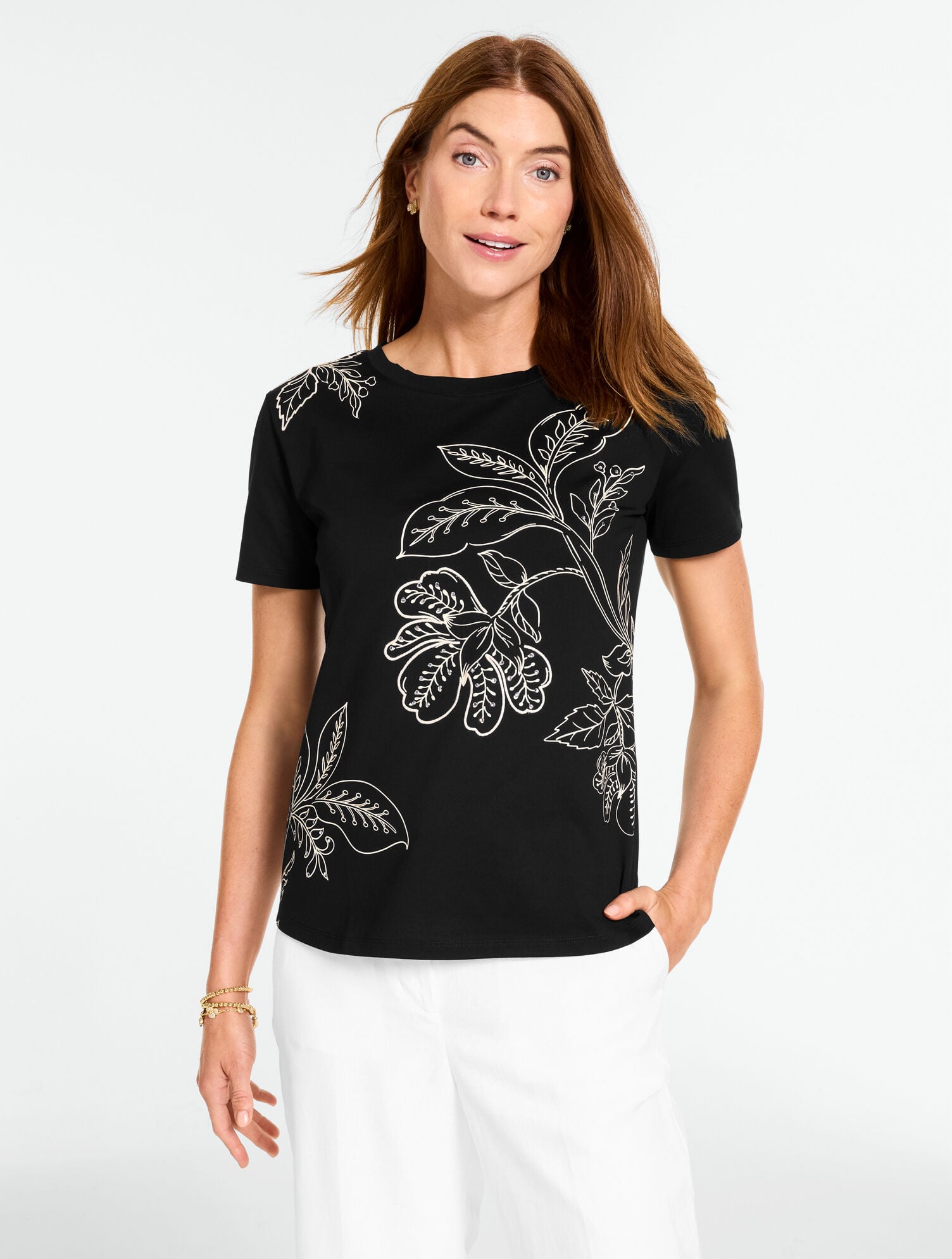 Short Sleeve Crewneck Tee - Embellished Blissful Leaves