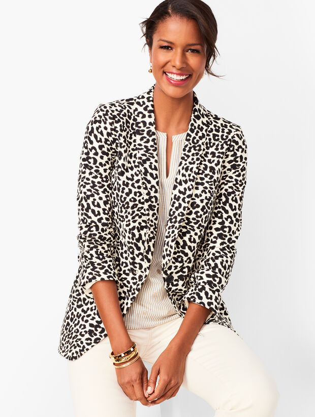 Long Linen-Blend Blazer - Leopard Print