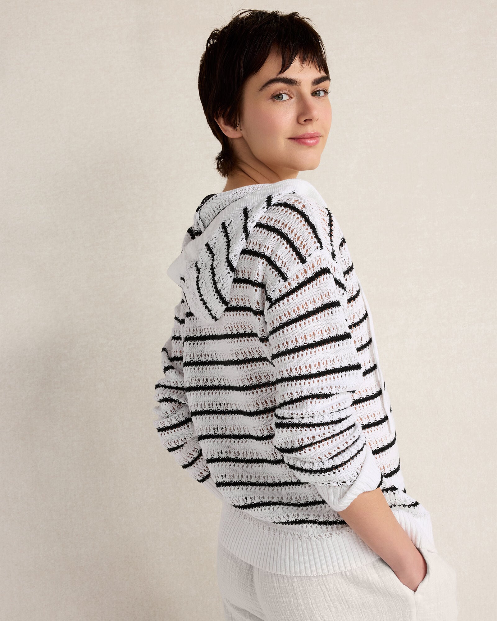 Linen Cotton Blend Striped Open Stitch Hoodie