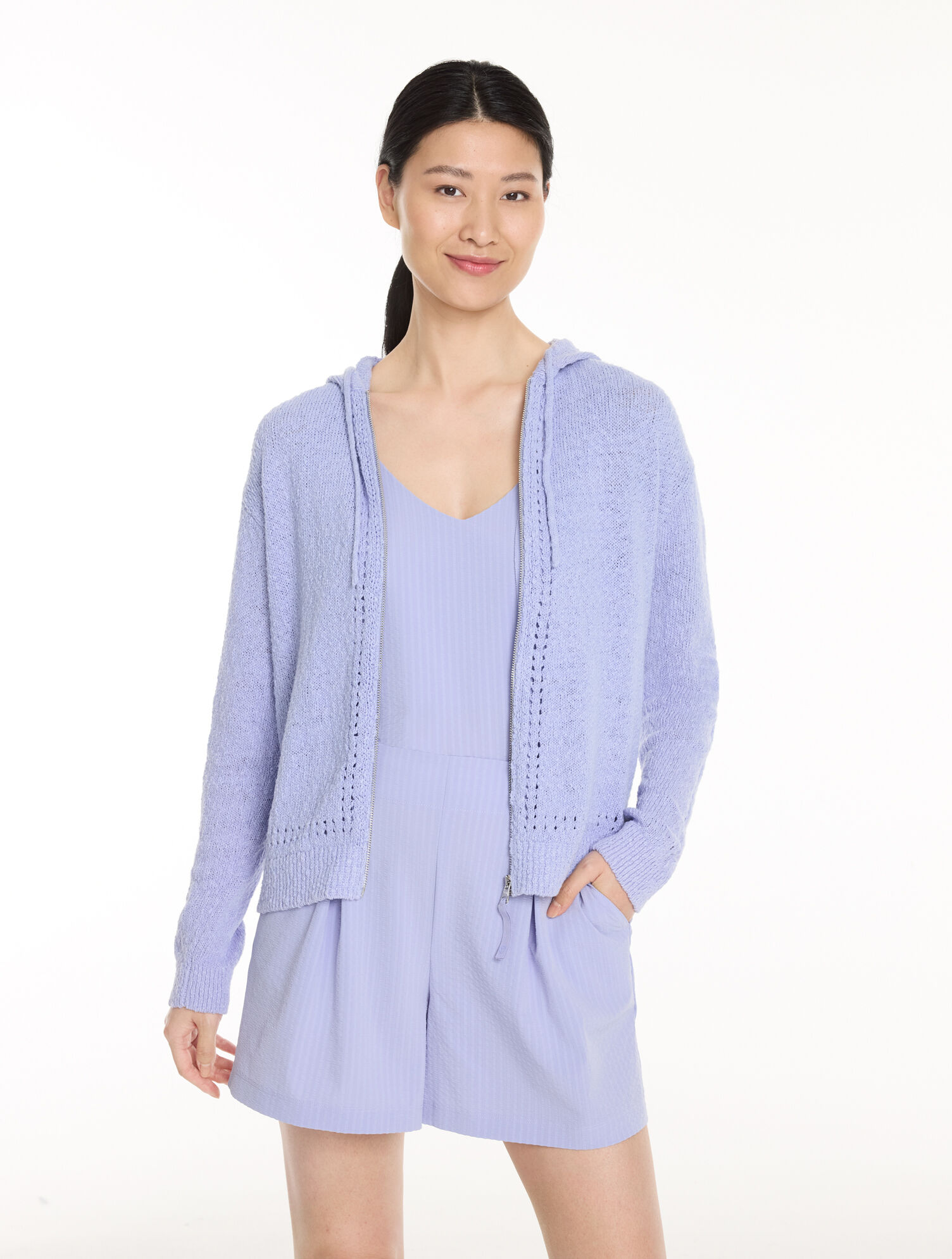 Cotton Blend Pointelle Hooded Sweater