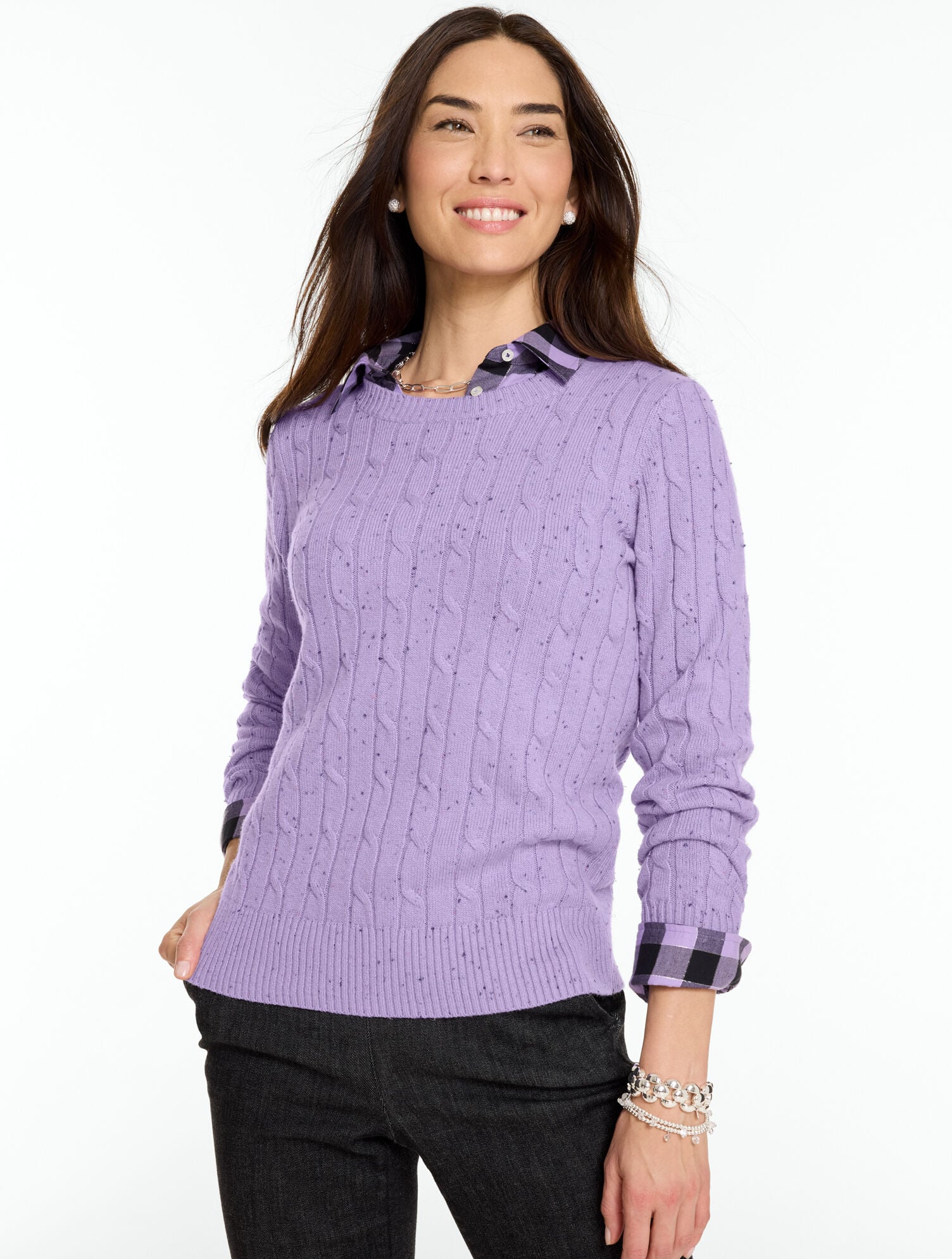 Tweed Cable Knit Crewneck Sweater