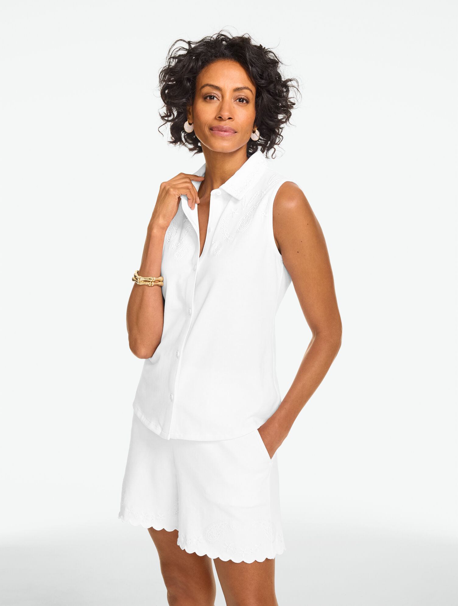 Sleeveless Eyelet Button Front Top
