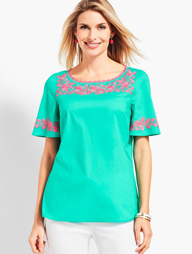Embroidered Flutter-Sleeve Top