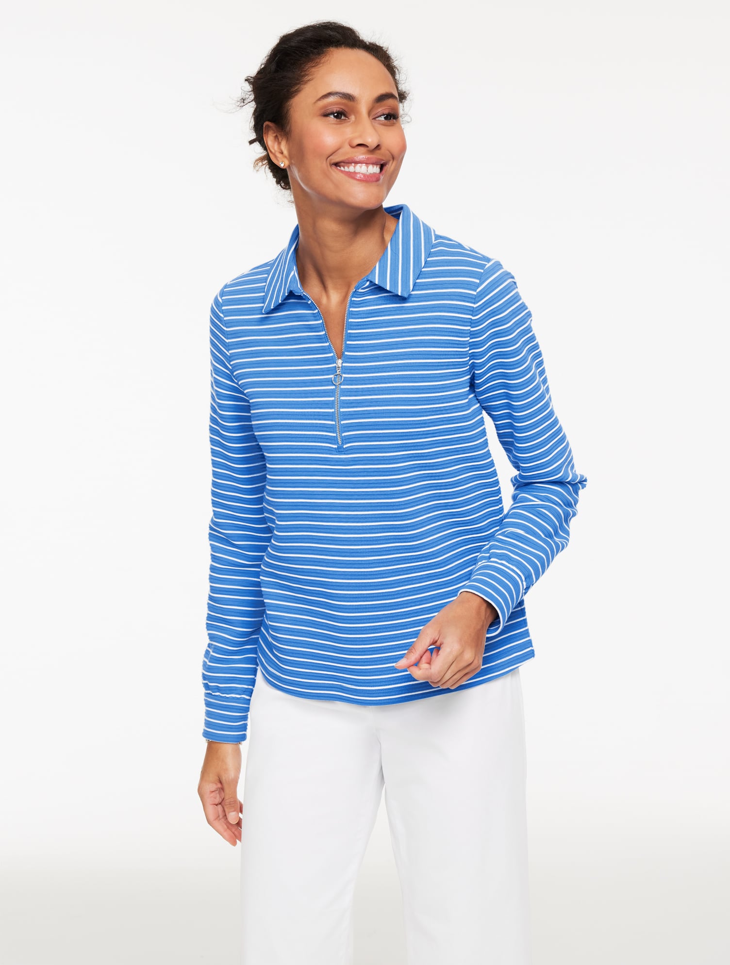 ★ミント刺繍×ラムネボーダー★ ハンドメイド　リバーシブル　スタイ　花柄 Ottoman Knit Half-Zip Pullover - Sweet Pea Stripe | Talbots
