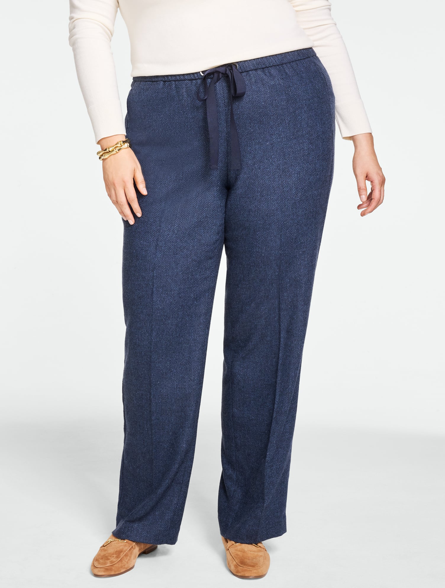 Wool Blend Straight Leg Pull-On Pants - Herringbone