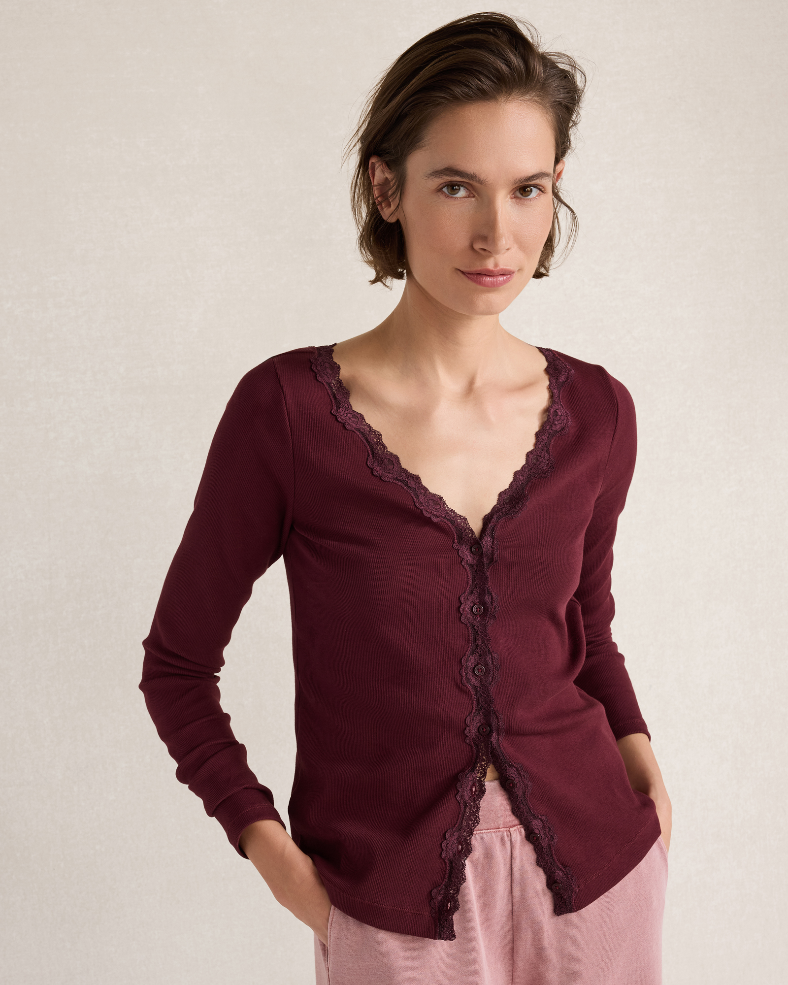 Resti Organic Cotton Rib Knit Lace Cardigan