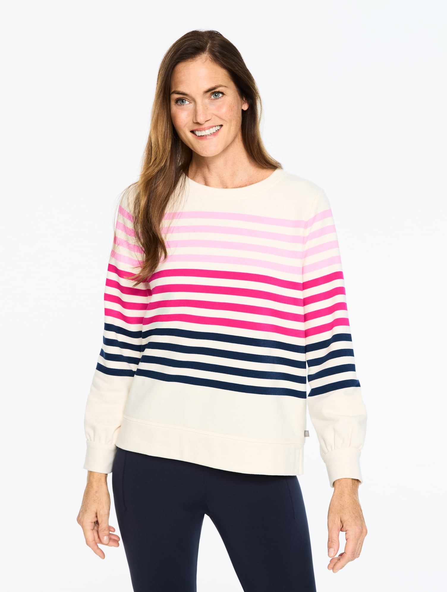 Plus Size - French Terry Crewneck Sweater Pullover - Breezy Stripe - Ivory - 1X Talbots
