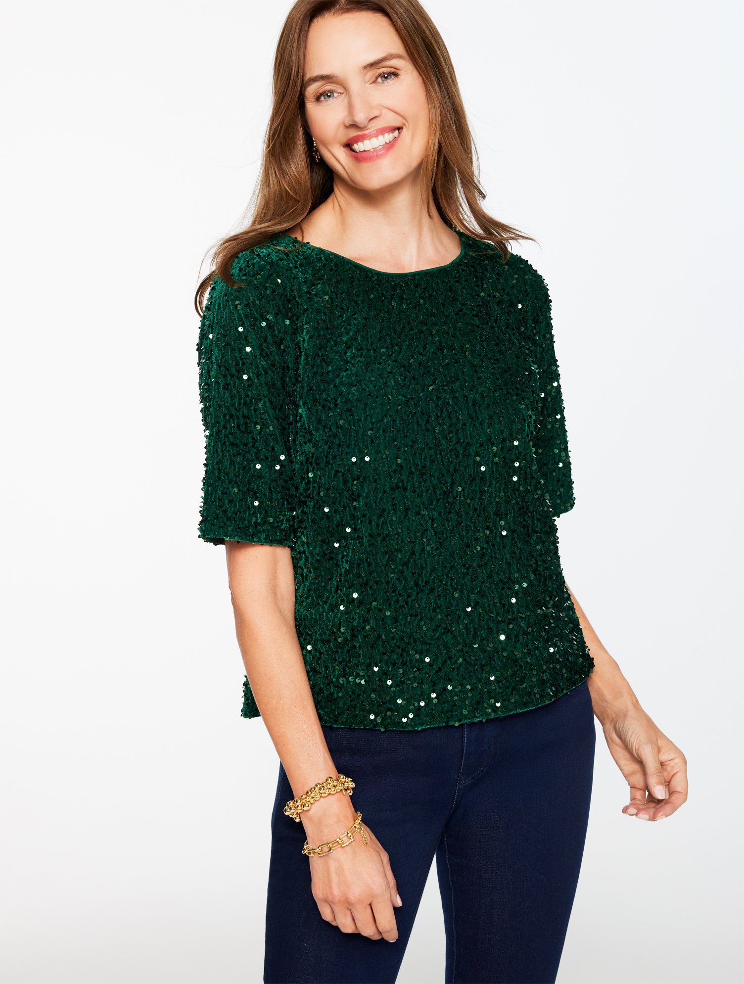 Talbots Plus Petite - Sequin Velvet Top - Green - 2x In Green