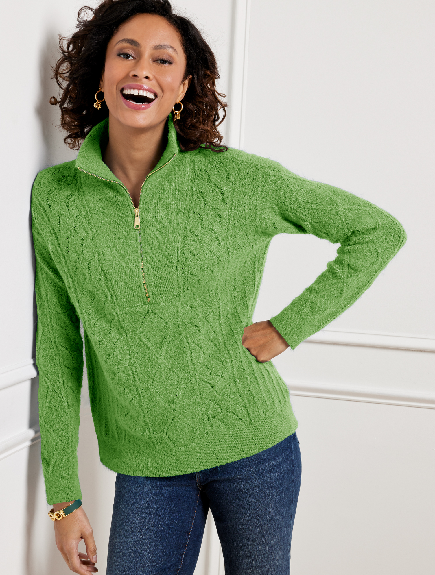 Cable Knit Zip Collar Sweater | Talbots