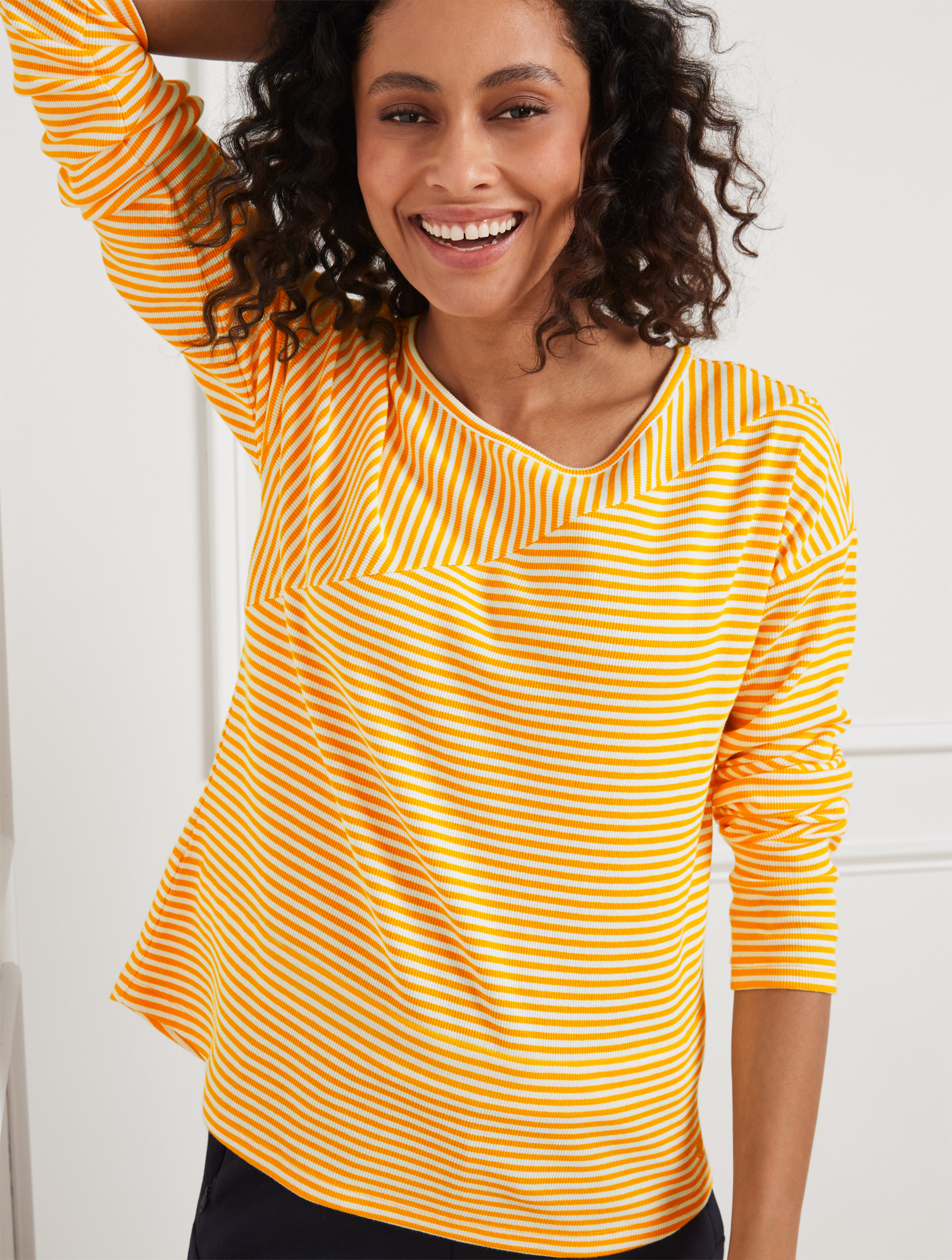 Talbots Ribbed Crewneck T-shirt - Mixed Stripe - White/brilliant Gold - Large  In White,brilliant Gold