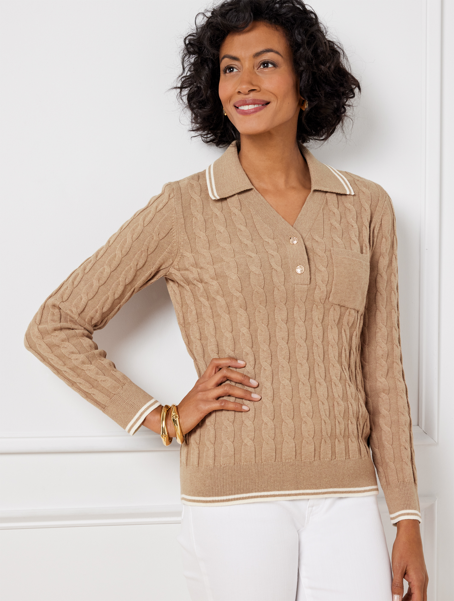 Talbots Johnny Collar Sweater - Tipped - Rattan/ivory - 3x  In Rattan,ivory
