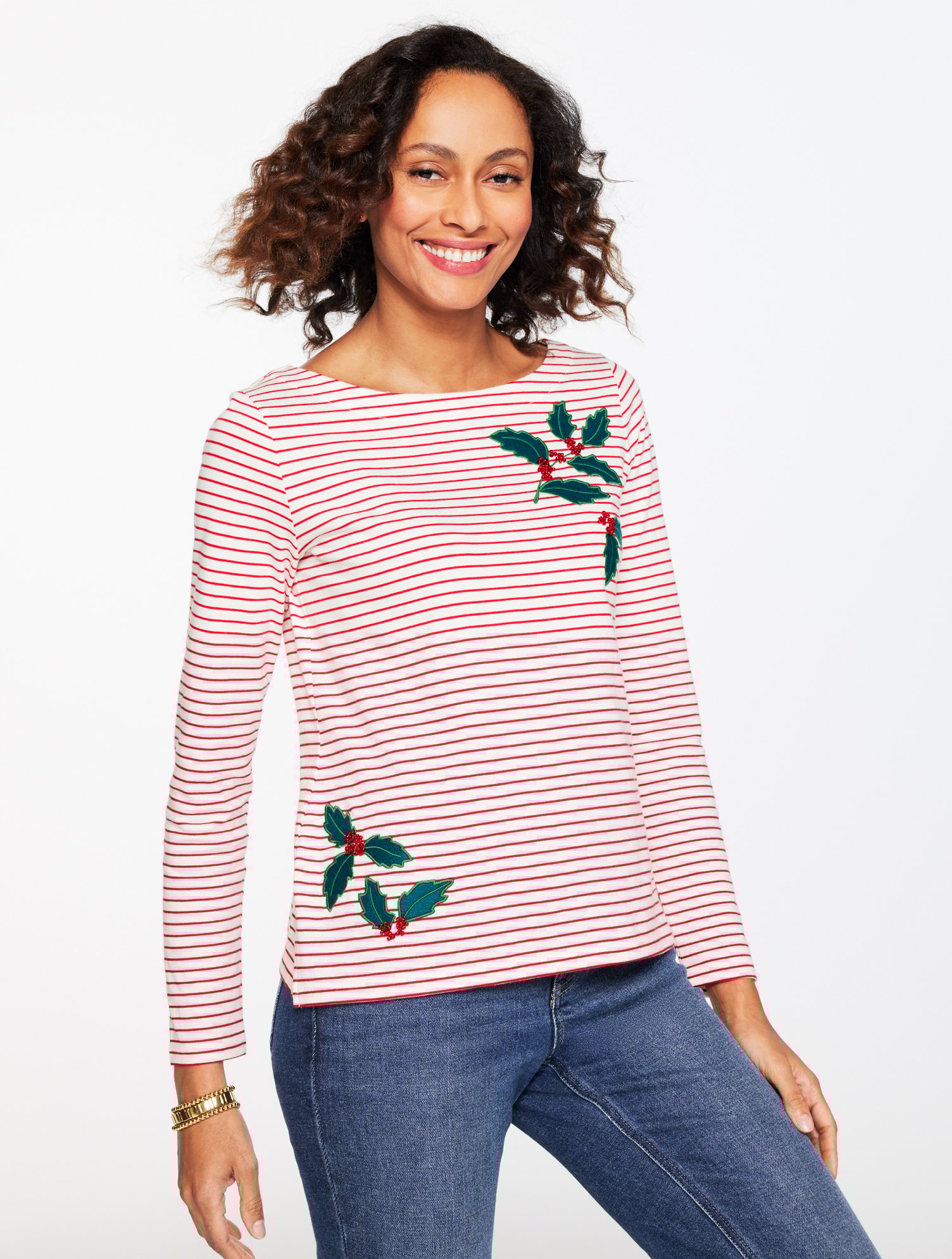 Talbots Plus Petite - Embroidered Bateau Neck T-shirt - Harmony Stripe - Ivory/red - 2x In Pink