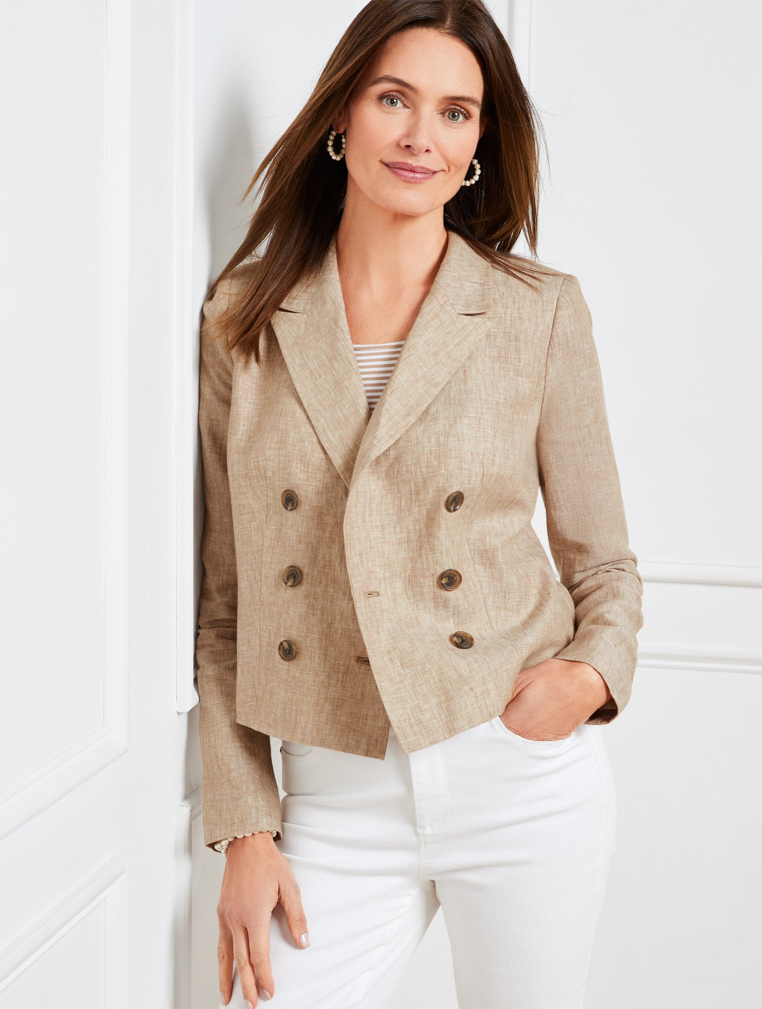 Talbots Cropped Linen Jacket - Taupe/white - 22  In Taupe,white