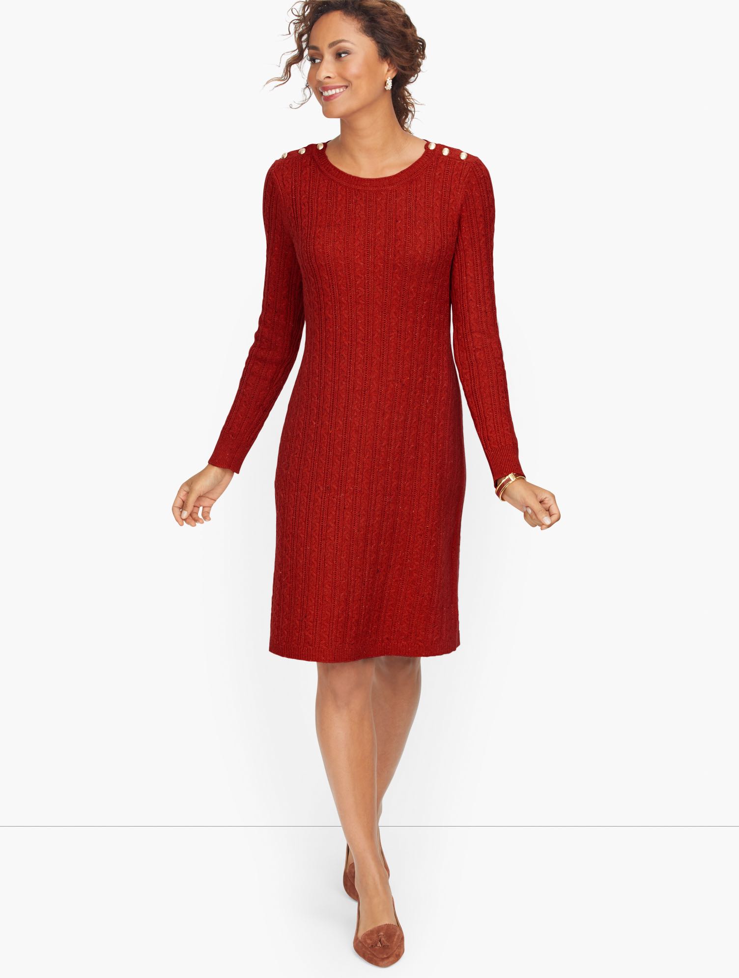 Cableknit Button Shoulder Sweater Dress | Talbots