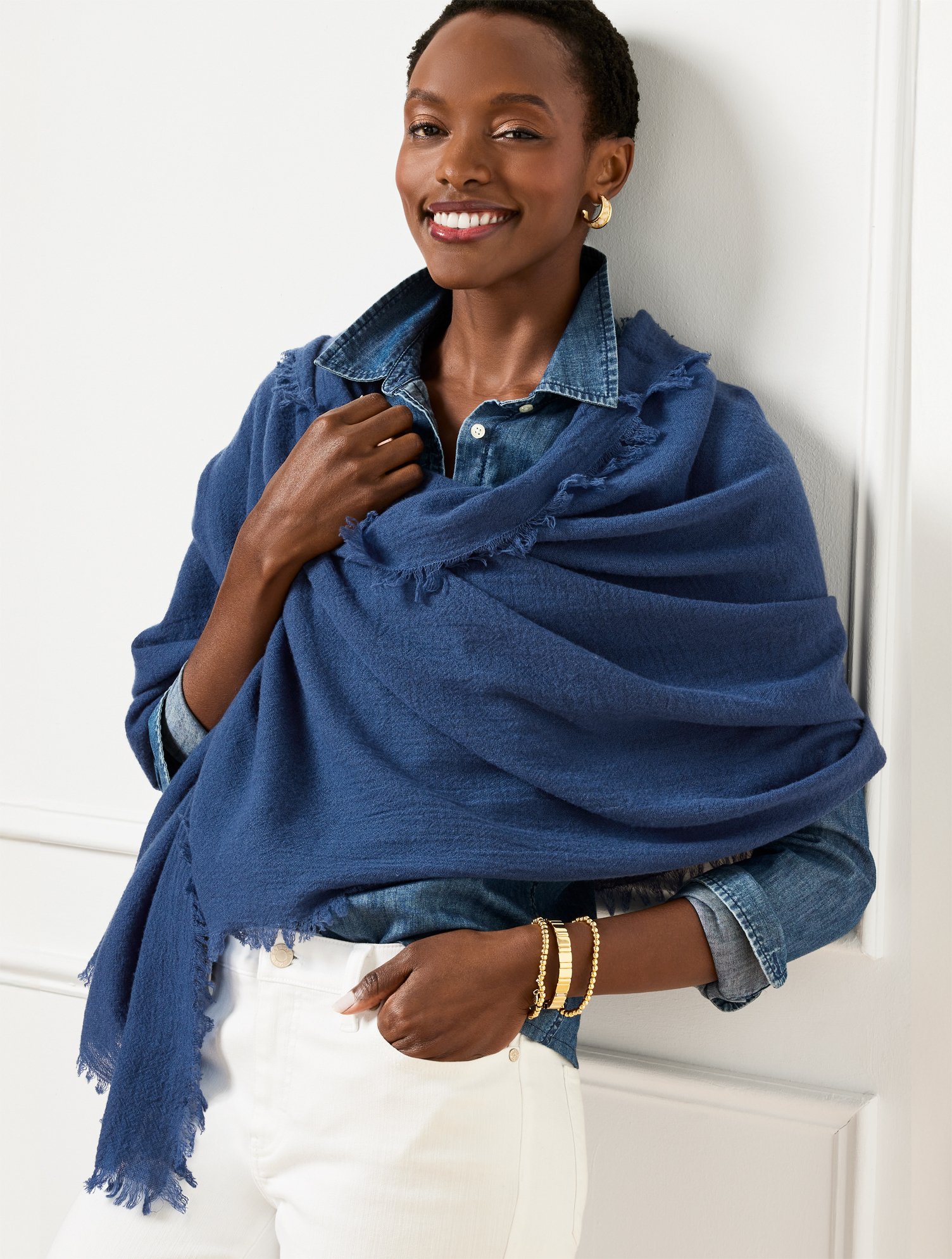 TALBOTS FRINGE WOOL WRAP - NAVY BLUE DUSK - 001 TALBOTS