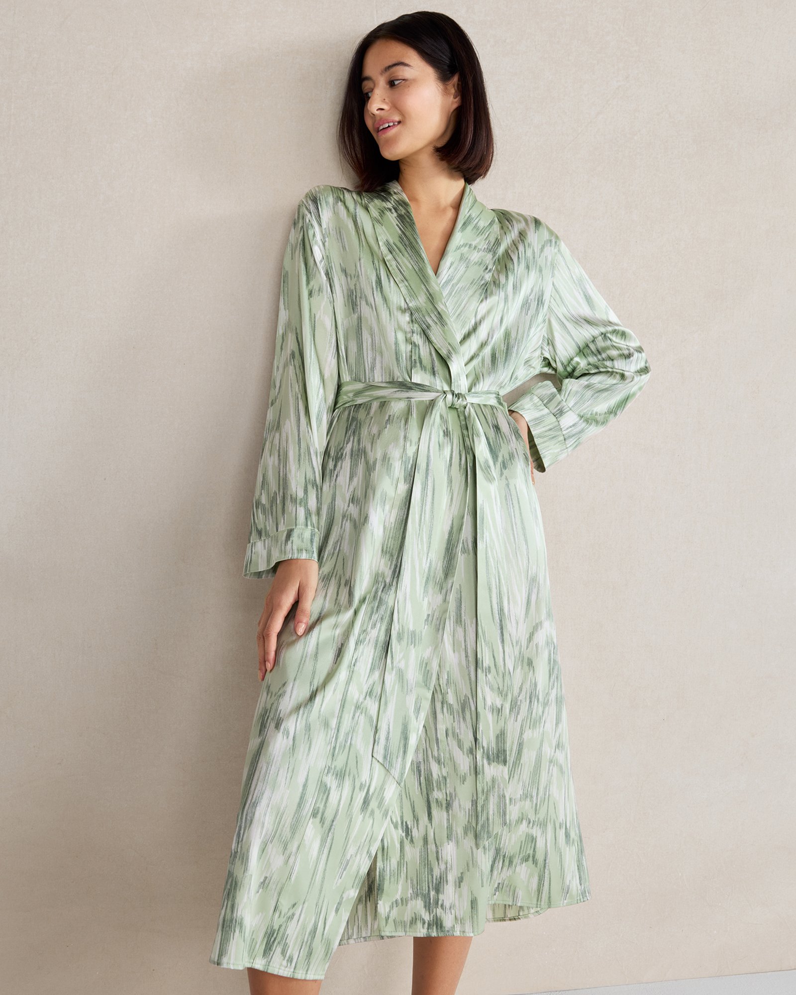 Talbots Washable Silk Tulum Print Robe - Texture Basil - Xl  In Green