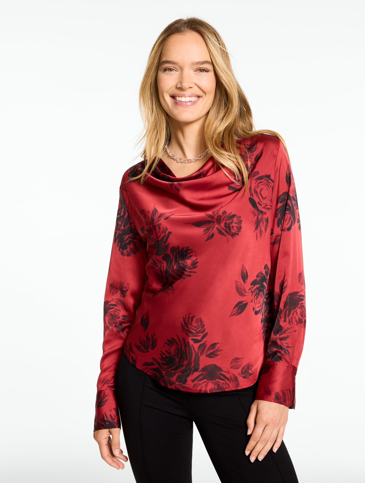 Soft Satin Charmeuse Cowl-Neck Top - Enchanting Roses
