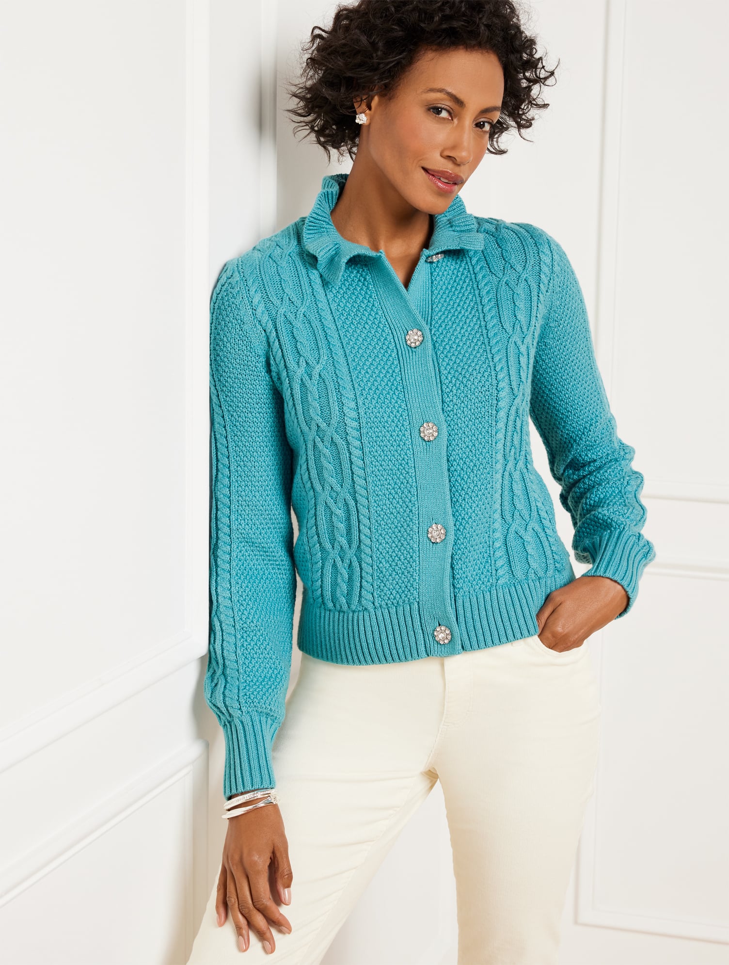 新品タグ付きRuffle Pleated Knit Cardigan Ruffle Mockneck Cardigan | Talbots
