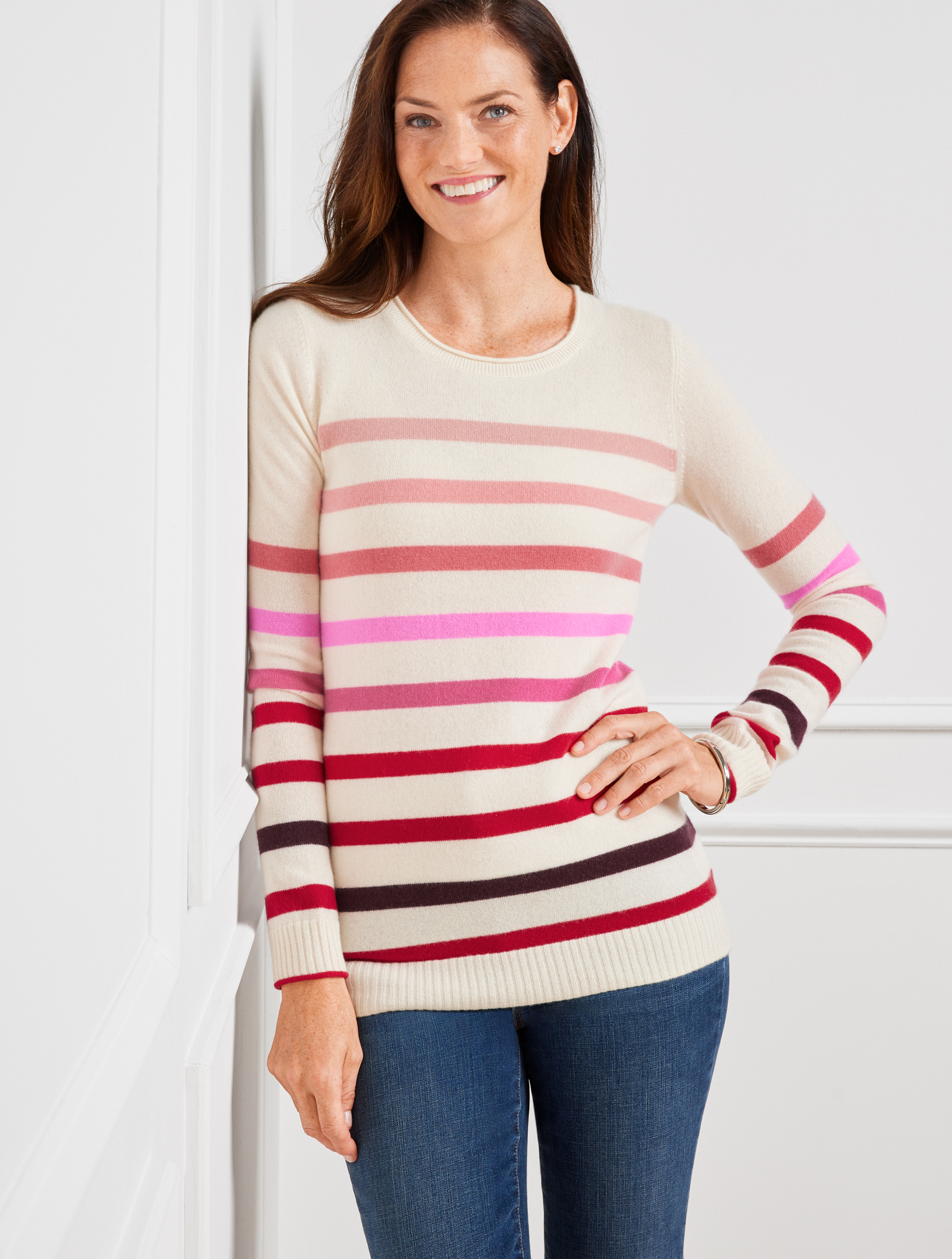 Talbots Plus Size - Cashmere Crewneck Sweater Pullover - Stripe - Ivory - 2x