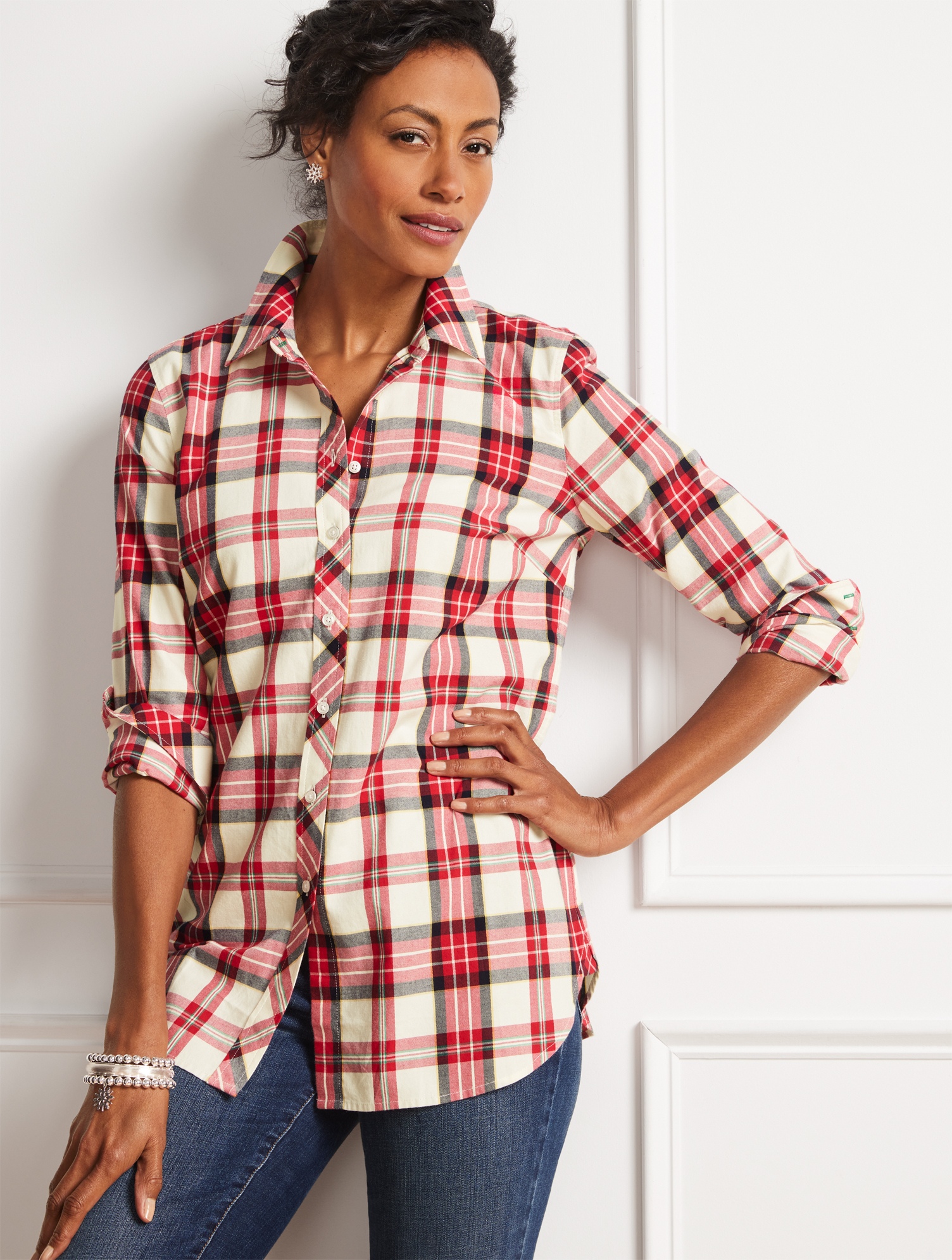 Talbots Cotton Button Front Shirt - Beautiful Plaid - Red - 2x