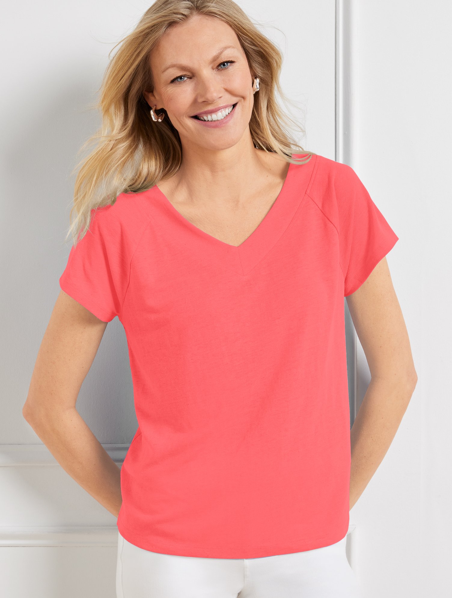 Shop Talbots Linen Blend Raglan V-neck T-shirt - Lovely Coral - X